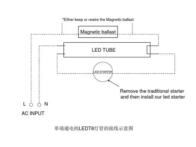 单端通电的led 日光灯管接线示意图