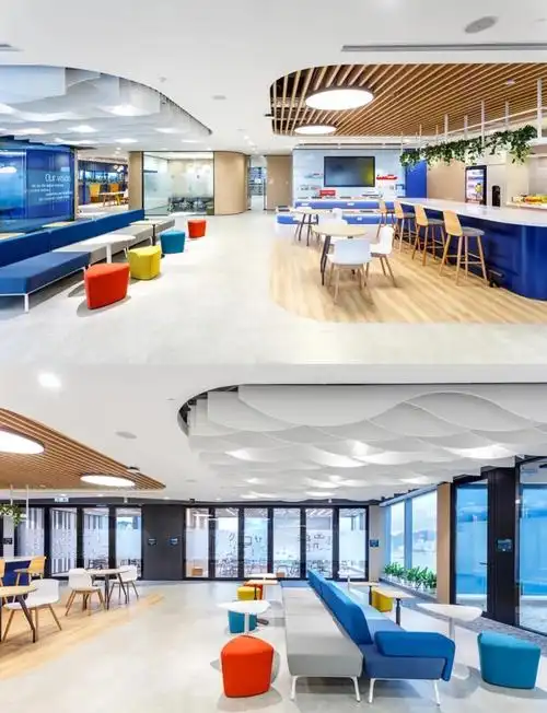 为了实现这一目标,设计团队引入了"社区"的概念,将办公室空间划分为不