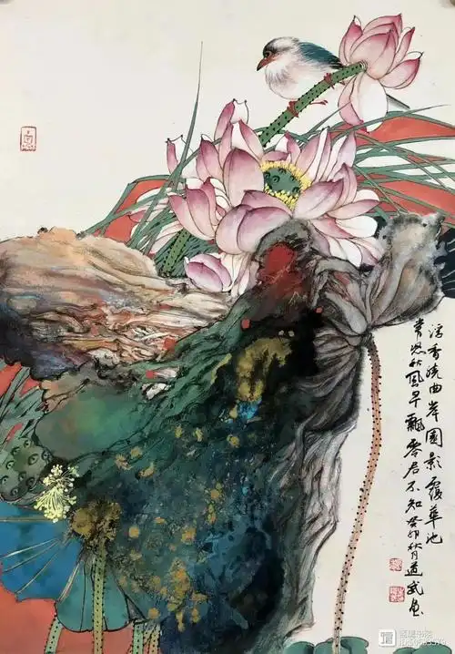 当代杰出画家魏道武荷花图赏析设色精妙意境清雅灿烂奔放