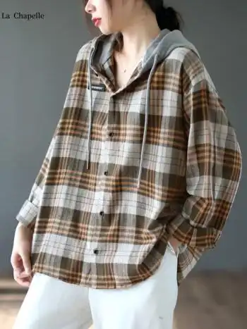 lachapellesport拉夏贝尔日韩原单女装复古格子衬衫上衣宽松长袖磨毛