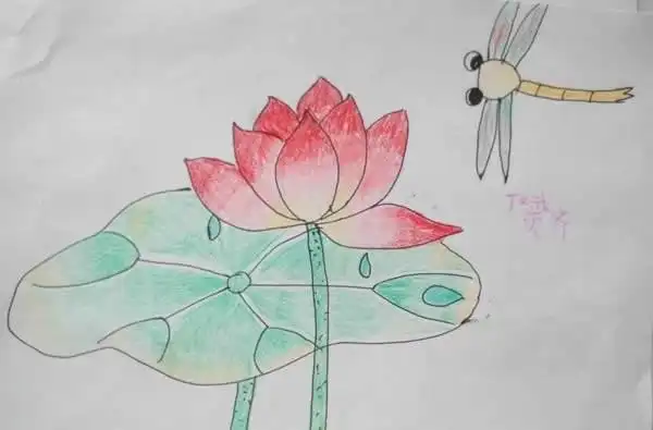 蜻蜓和荷花儿童画蜡笔画