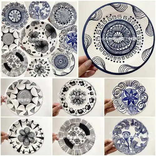 纸盘线描蓝黑线稿装饰画设计青花瓷花纹