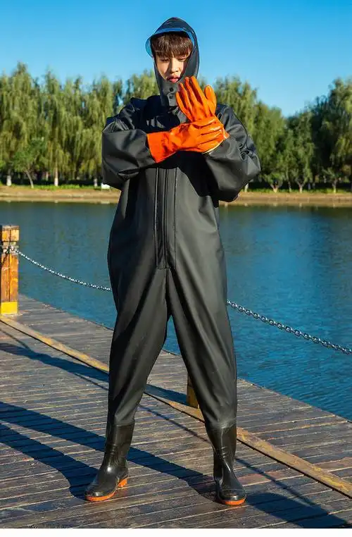 日本高档 全身下水裤加厚连体鱼裤挖藕服抓捕鱼雨裤带雨鞋男防水衣