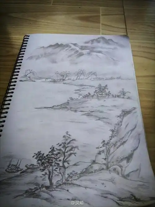 铅笔临摹宋美龄的一幅山水中国画
