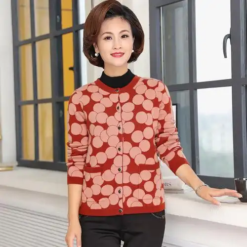 恒源祥羊毛衫女开衫圆领中老年冬季波点厚款上衣60岁妈妈装毛衣