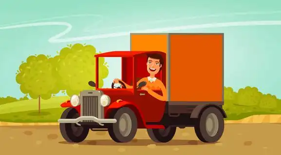 愉快的司机乘坐在复古卡车.分娩, 农耕理念.卡通矢量插图