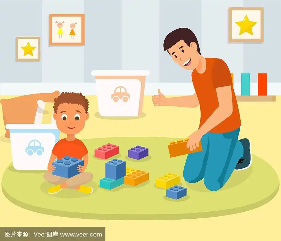 小男孩和爸爸玩积木