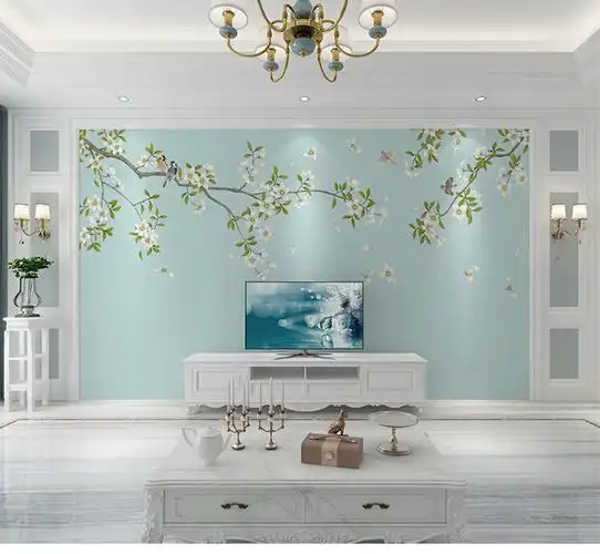 新中式电视背景墙壁纸8d花鸟现代简约壁布立体3d墙纸影视墙布壁画主图