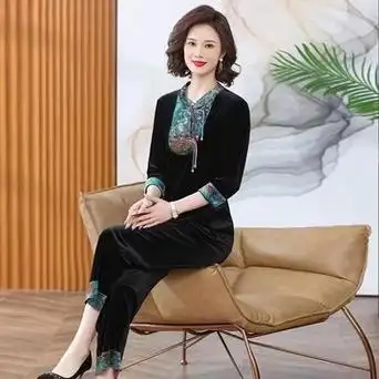 妈妈春秋装金丝绒两件套中袖民族风50岁60中老年女装2023春款套装