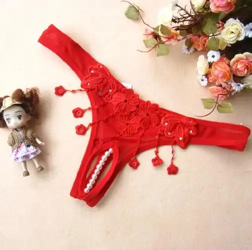 女士性感情趣内裤透视内裤开裆丁字裤蕾丝花边t裤珍珠免脱sm0054