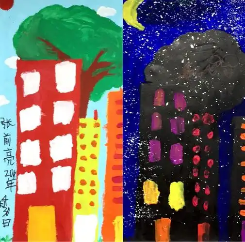 水粉画《白天和夜晚的城市》