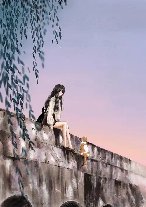 森系少女《与猫》|插画|创作习作|以柠carol_原创作品-站酷zcool