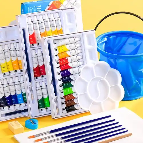得力水粉水彩颜料套装初学者工具箱儿童24色小学生用安全无毒可水洗36