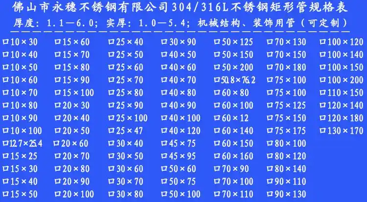 佛山市永穗不锈钢有限公司矩形管规格表(201,304,304l,316,316l)