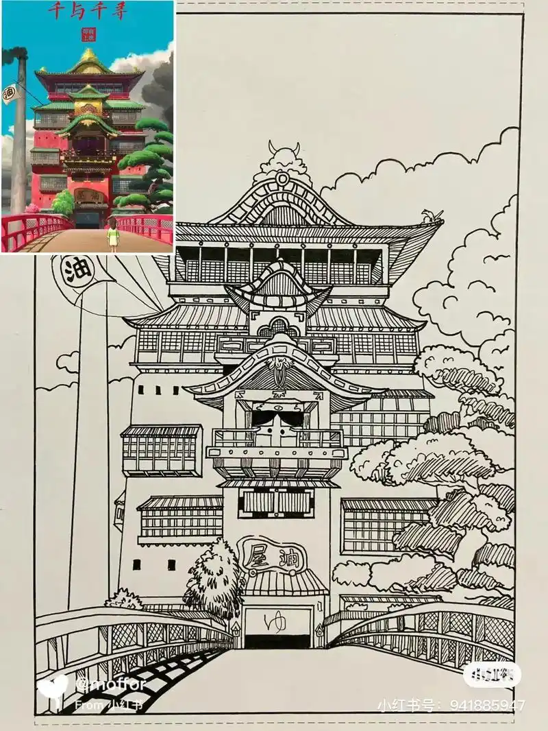 黑白简笔画千与千寻油屋