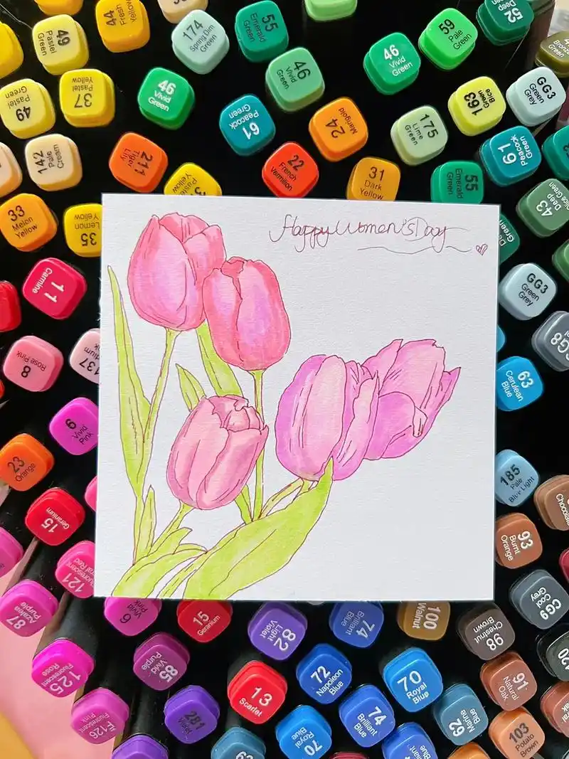 8妇女节快乐.手绘马克笔郁金香(仿水彩)#一起学画画 - 抖音