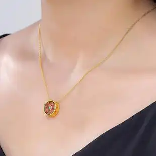中国黄金足金项链女古法珐琅彩圆牌吊坠复古国潮纯金套链 - 爱购网