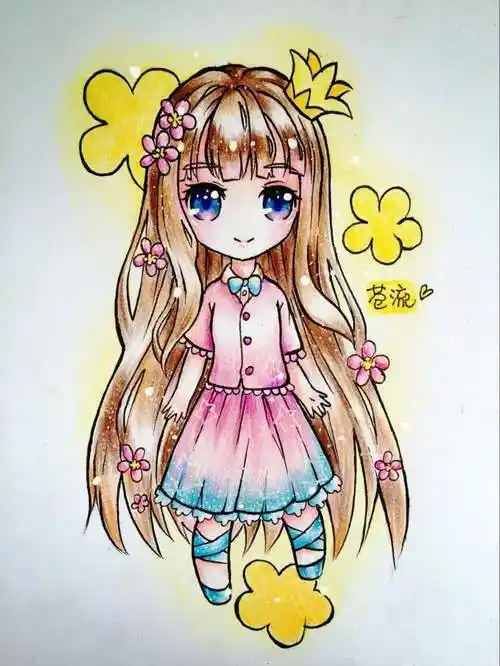 手绘彩铅q版女孩