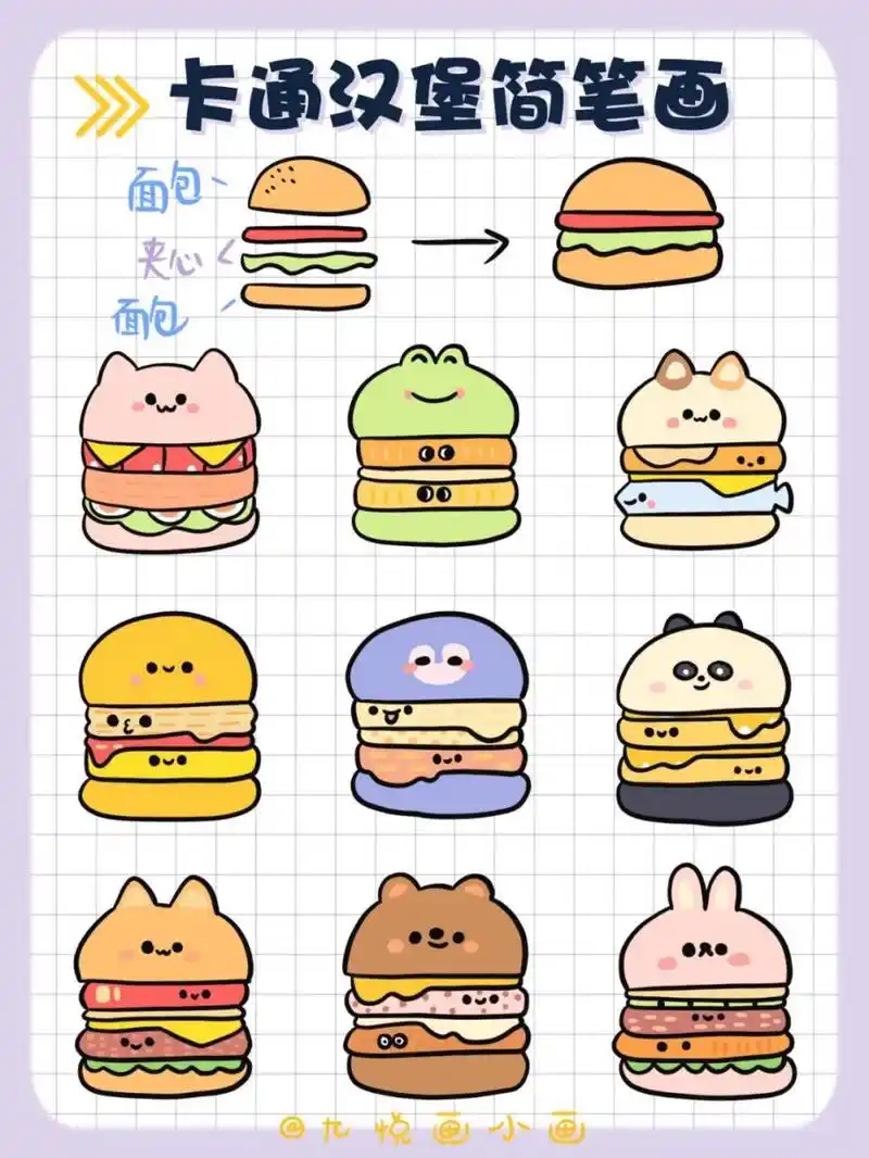 那就安排~ 78一组萌萌的卡通汉堡简笔画,零基础友好,已经拆解好啦