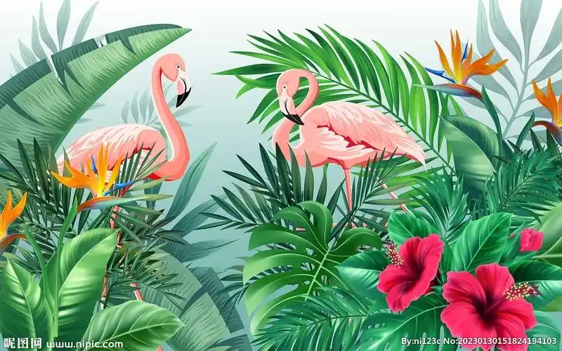 清新热带雨林火烈鸟背景墙