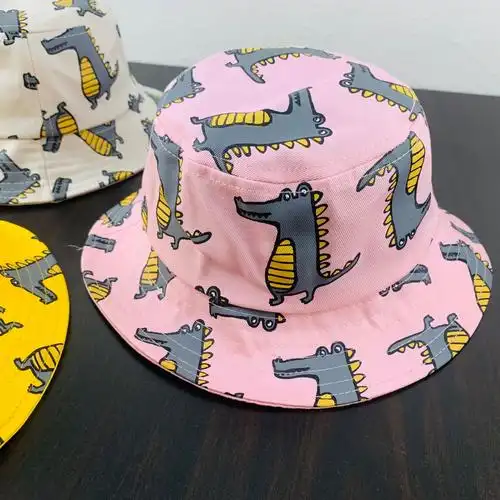 新潮涂鸦卡通渔夫帽双面带纯色黑色盘帽子男女儿童恐龙遮阳帽批发