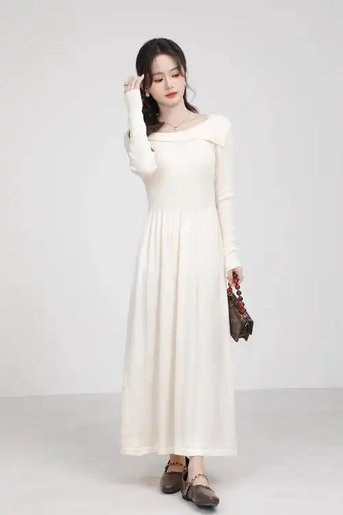 法式气质收腰显瘦长袖连衣裙女秋季针织拼接一字肩长裙 - 17网