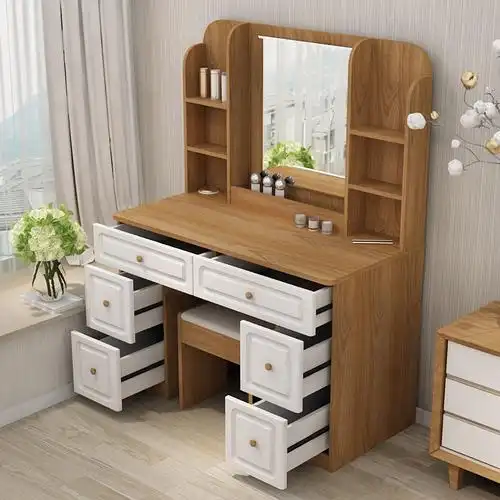 寻木匠梳妆台卧室简约现代小户型书桌一体组装化妆桌实木色桌子带镜子