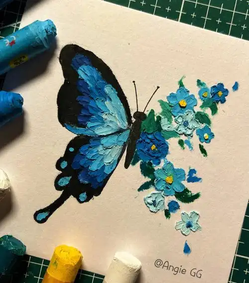 油画棒蓝蝴蝶与花03详细教程