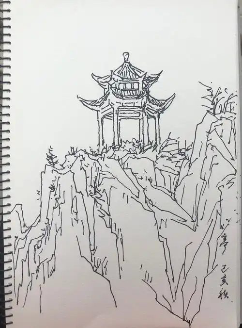 老师示范仰视写生作品六角亭子,比较正面的