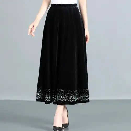 中年女装秋冬装半身裙大码a字裙中老年妈妈装金丝绒裙花边大摆裙