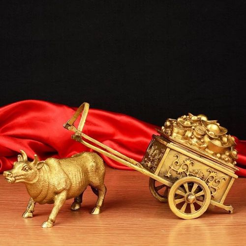 纯铜招财牛拉车摆件 牛拉元宝车 生肖牛家居办公室风水装饰工艺品