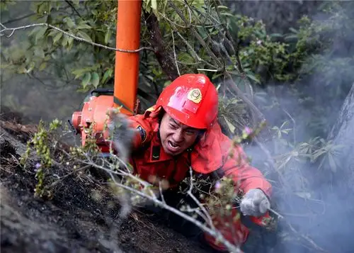 武警凉山森林支队官兵在四川省凉山州喜德县冕山镇五合村火场灭火