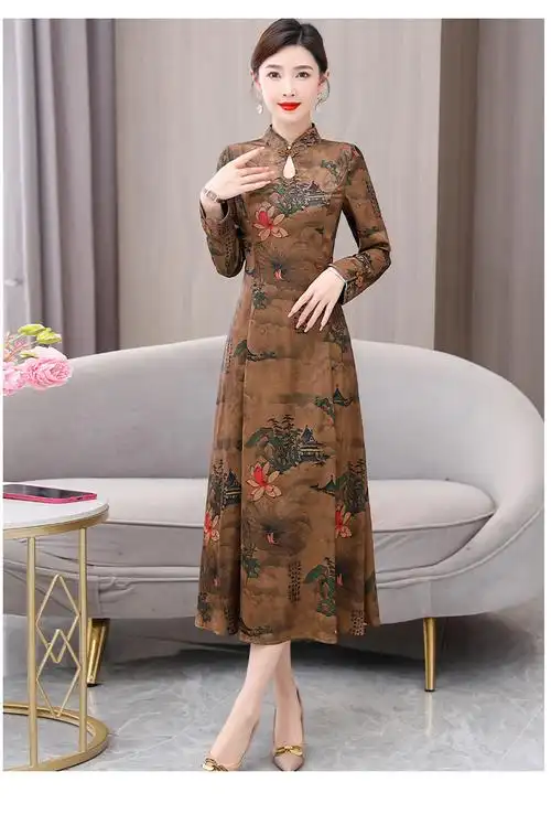 实拍5290#2024秋季新款长袖缎面旗袍改良连衣裙女气质大码长裙 - 17网