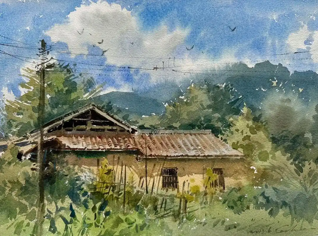 2023年课示范内容～小村瓦房#水彩 #风景画 #画画96  - 抖音