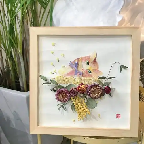 【 夏天的喵 】纯手绘 纯手工干花装饰画