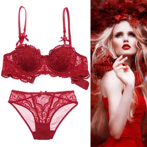 维多利亚性感蕾丝新娘结婚红色本命年文胸套装半杯薄款聚拢内衣女