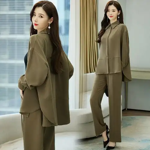 一件代发女装春季休闲色职业领宽松阔腿裤套装两件套