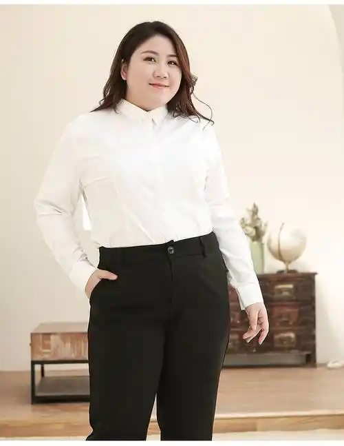 浪莎加绒白衬衫女胖女孩秋冬200斤工作服长袖工装v领厚女士职业正装