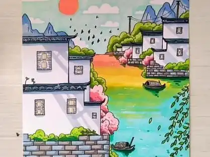 家乡风景画马克笔8k纸_家乡风景画简单又漂亮马克笔_家乡风景画教程