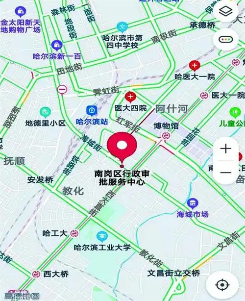 高德地图,百度地图等导航软件直接输入:南岗区海城街140号(南岗区行政
