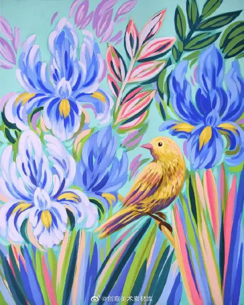素材 | 鸟语花香水粉装饰画,学习色彩的搭配#儿童画##少儿美术课程