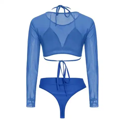 速卖通wish夏季热款 性感透视网纱 比基尼泳衣三件套