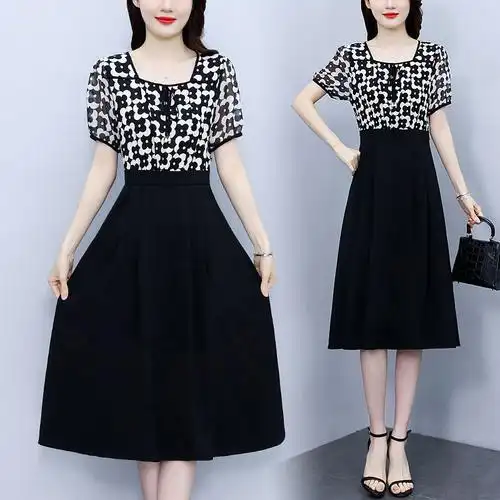 正品高档洋气十三行拼接女连衣裙夏季新款杭州显瘦遮裙子时尚气质