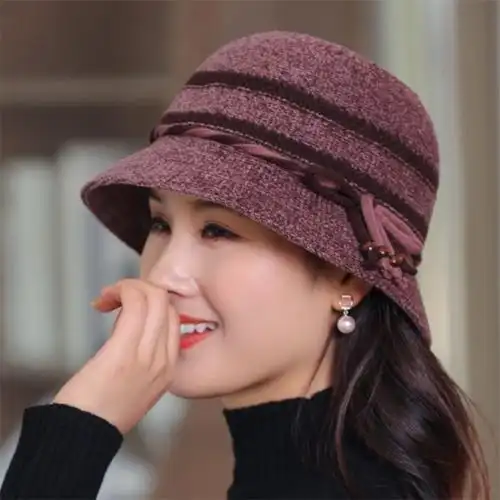 秋冬季渔夫帽子女士时尚毛呢防风寒盆帽户外中老年人妈妈遮阳帽潮