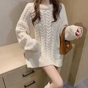 2021秋冬季韩版宽松大板型手工编织麻花纯色毛衣慵懒风长袖针织衫