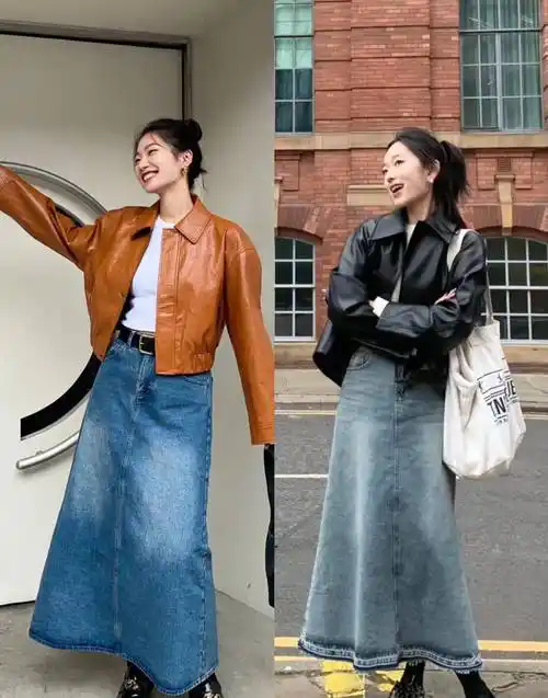 简单的皮夹克可以搭配高腰a字牛仔裙,让腰部显得更修长.