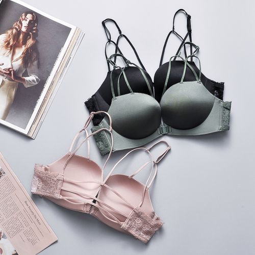 美背前扣内衣女交叉带性感胸聚拢上托胸罩大胸显小无钢圈文胸夏季