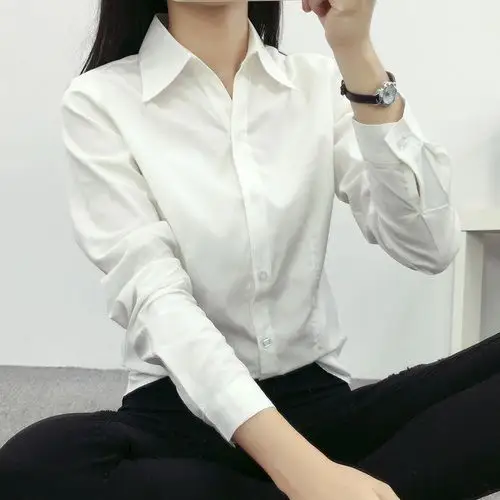 春秋白衬衫女长袖职业韩版v领修身工作服正装大码棉质衬衣女装ol