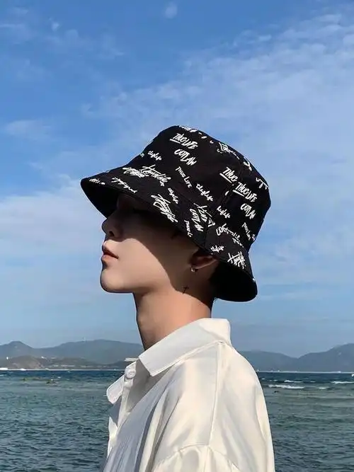 渔夫帽男潮流双面戴渔夫帽男士潮人字母涂鸦韩版百搭青年夏季帽子男盆