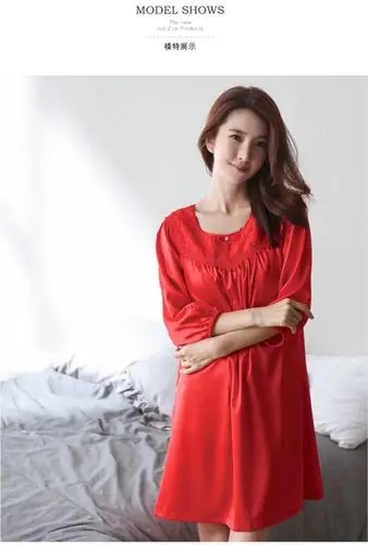 女士花边丝绸睡裙桑蚕丝睡衣 欧美高端性感大红诱惑七分袖大码